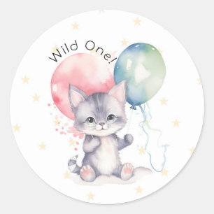 Wild One Kitten Balloons 1. Geburtstag Party Runder Aufkleber