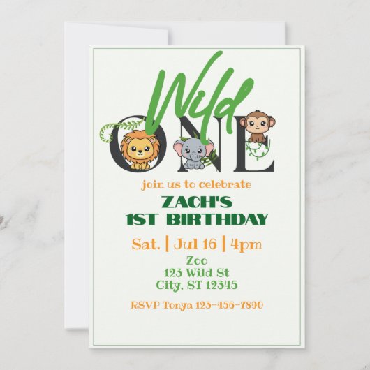 Wild One Lion Elephant Monkey 1st Birthday Minimal Einladung (Vorderseite)