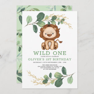 Wild One Lion Greenery Gold 1. Geburtstag Party Einladung