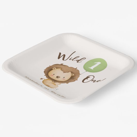 Wild One Lion Sage Green Balloon Junge 1. Geburtst Pappteller (Gewinkelt)