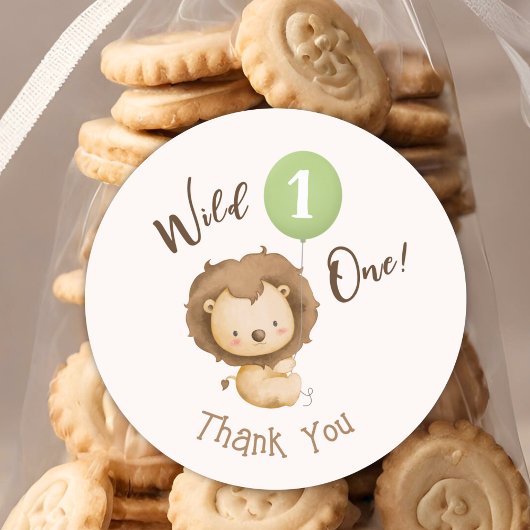 Wild One Lion Sage Green Balloon Junge 1. Geburtst Runder Aufkleber