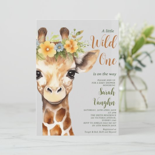 Wild One Little Giraffe Baby Shower Einladung (Stehend Vorderseite)