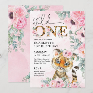 Wild One Little Tiger 1. Geburtstag Pink Floral Einladung