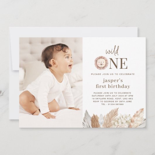 Wild-One-Löwe-Neutral-Blätter Foto Einladung (Vorderseite)