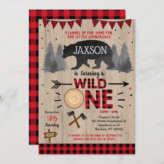 Wild One Lumberjack Erstgeburtstag Einladungen (Vorne/Hinten)