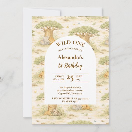 Wild One Neutral Safari First Birthday Einladung (Vorderseite)