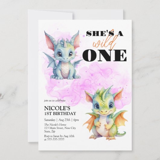 Wild One Niedlich Baby Dragon Fantasy 1. Geburtsta Einladung (Vorderseite)
