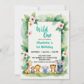 Wild One Niedlich Jungle Animal Child's 1. Geburts Einladung (Vorderseite)
