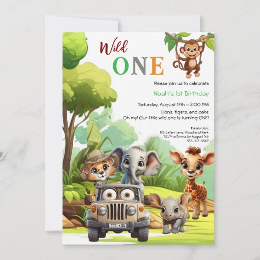 Wild One Niedlich Jungle Animal Child's 1. Geburts Einladung (Vorderseite)