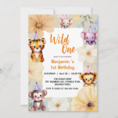 Wild One Niedlich Jungle Animal Child's 1. Geburts Einladung (Vorderseite)