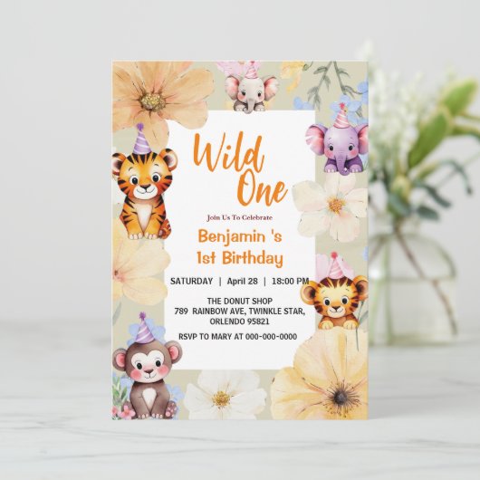 Wild One Niedlich Jungle Animal Child's 1. Geburts Einladung (Stehend Vorderseite)