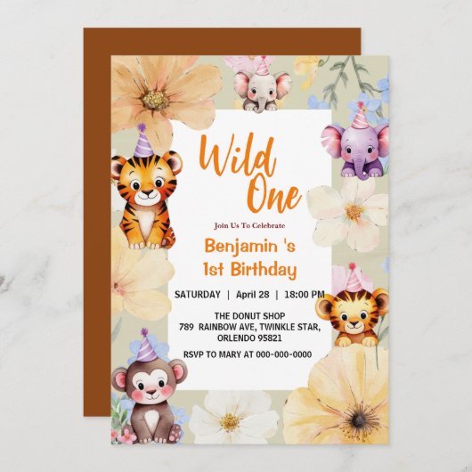 Wild One Niedlich Jungle Animal Child's 1. Geburts Einladung (Vorne/Hinten)