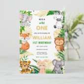 Wild One Niedlich Jungle Animal Child's 1. Geburts Einladung (Stehend Vorderseite)