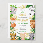 Wild One Niedlich Jungle Animal Child's 1. Geburts Einladung (Vorne/Hinten)