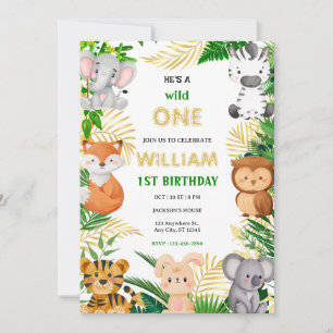 Wild One Niedlich Jungle Animal Child's 1. Geburts Einladung