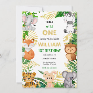 Wild One Niedlich Jungle Animal Child's 1. Geburts Einladung