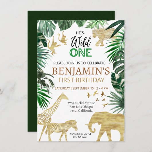 Wild One Niedlich Jungle Animal Child's 1. Geburts Einladung (Vorne/Hinten)