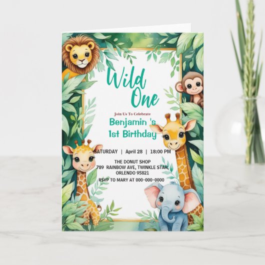 Wild One Niedlich Jungle Animal Child's 1. Geburts Einladung (Vorderseite)