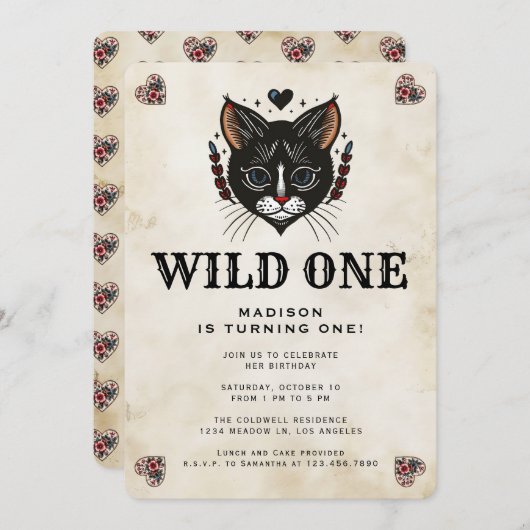 Wild One Niedlich Kitten Cat Rockabilly 1. Geburts Einladung (Vorne/Hinten)