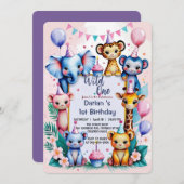 Wild One Niedlicher Tiere Ballon Kinder 1. Geburts Einladung (Vorne/Hinten)