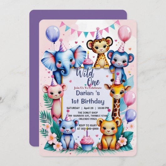 Wild One Niedlicher Tiere Ballon Kinder 1. Geburts Einladung (Vorne/Hinten)