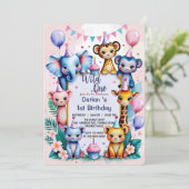Wild One Niedlicher Tiere Ballon Kinder 1. Geburts Einladung (Stehend Vorderseite)