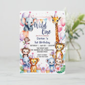 Wild One Niedlicher Tiere Balloon Boy 1st Birthday Einladung (Stehend Vorderseite)