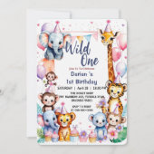 Wild One Niedlicher Tiere Balloon Boy 1st Birthday Einladung (Vorderseite)