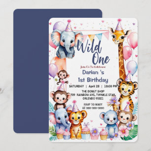 Wild One Niedlicher Tiere Balloon Boy 1st Birthday Einladung