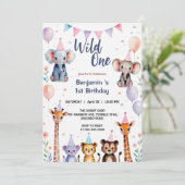 Wild One Niedlicher Tiere Balloon Boy 1st Birthday Einladung (Stehend Vorderseite)