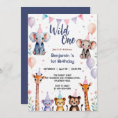 Wild One Niedlicher Tiere Balloon Boy 1st Birthday Einladung (Vorne/Hinten)