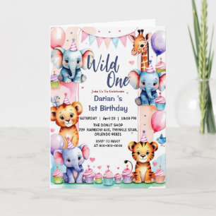 Wild One Niedlicher Tiere Balloon cupcake 1. Gebur Einladung