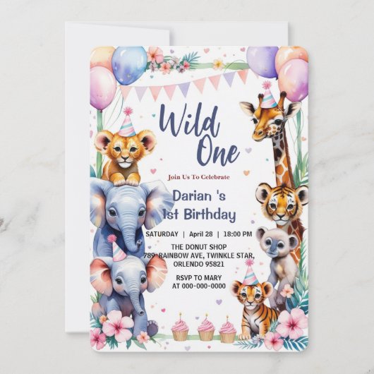 Wild One Niedlicher Tiere Balloon cupcake 1. Gebur Einladung (Vorderseite)