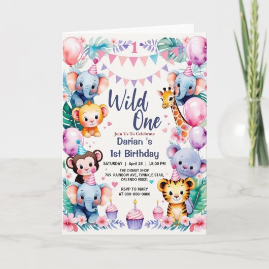 Wild One Niedlicher Tiere Balloon cupcake 1. Gebur Einladung (Vorderseite)