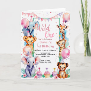 Wild One Niedlicher Tiere Balloon cupcake 1. Gebur Einladung