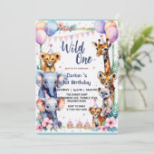 Wild One Niedlicher Tiere Balloon cupcake 1. Gebur Einladung (Stehend Vorderseite)