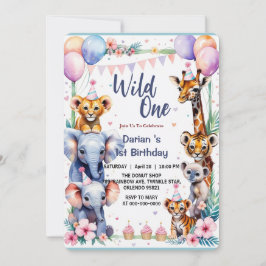 Wild One Niedlicher Tiere Balloon cupcake 1. Gebur Einladung