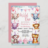 Wild One Niedlicher Tiere Balloon mädchen 1. Gebur Einladung (Vorne/Hinten)