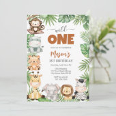 Wild One Party Animals Kids 1st Birthday Einladung (Stehend Vorderseite)