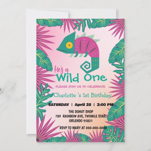Wild One Pink Chamäleon Dschungel 1. Tier Geburtst Einladung (Vorderseite)