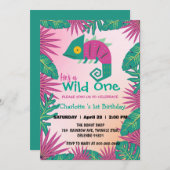 Wild One Pink Chamäleon Dschungel 1. Tier Geburtst Einladung (Vorne/Hinten)
