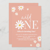 Wild One Pink Daisy 1. Geburtstag Einladung (Vorne/Hinten)