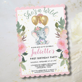 Wild One Pink Girl Elephant erster Geburtstag Feiertagskarte