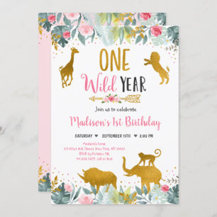 Wild One Pink Gold Greenery Safari Geburtstag Einladung