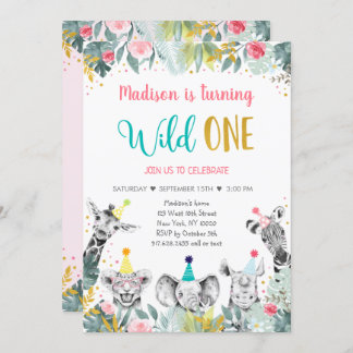 Wild One Pink Gold Party Animal Birthday Einladung