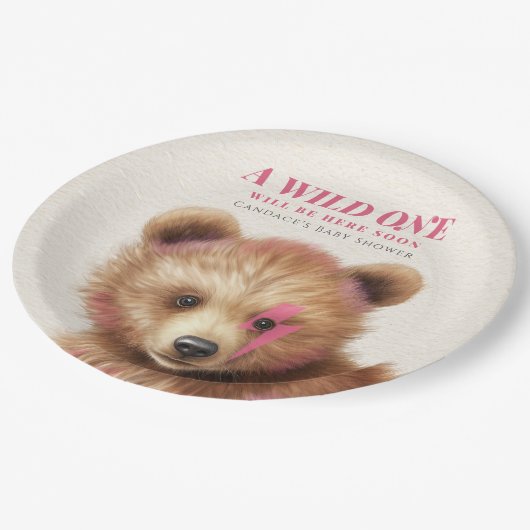 Wild-One-Pink-Haar-Bear-Baby-Dusche Pappteller (Schrägansicht)