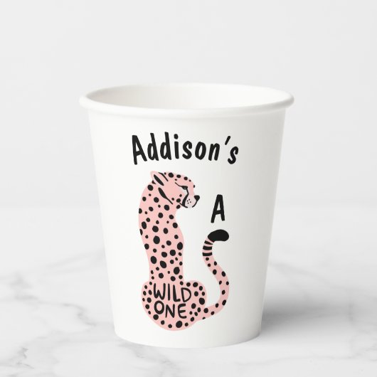 Wild One Pink Leopard Custom First Birthday Pappbecher (Vorderseite)