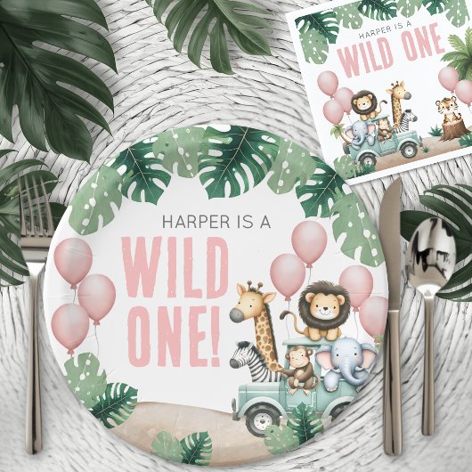 Wild One Pink Safari 1st Birthday Pappteller