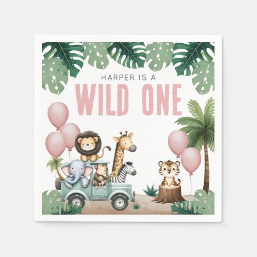 Wild One Pink Safari 1st Birthday Serviette (Vorderseite)