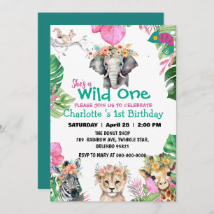 Wild One Pink Safari Dschungel 1. Tiere Geburtstag Einladung